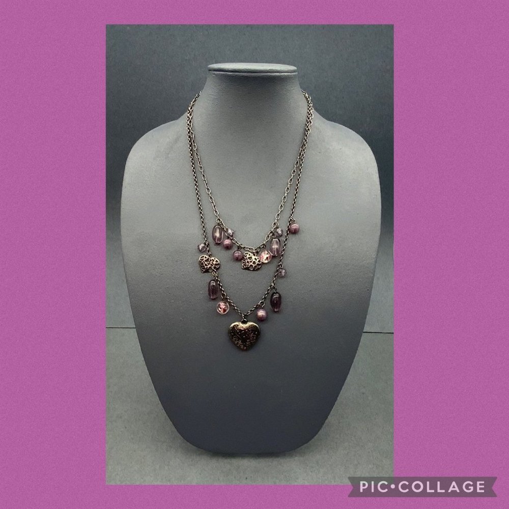 Purple Gunmetal Silver Necklace Heart Pendant Swirled Faceted Double